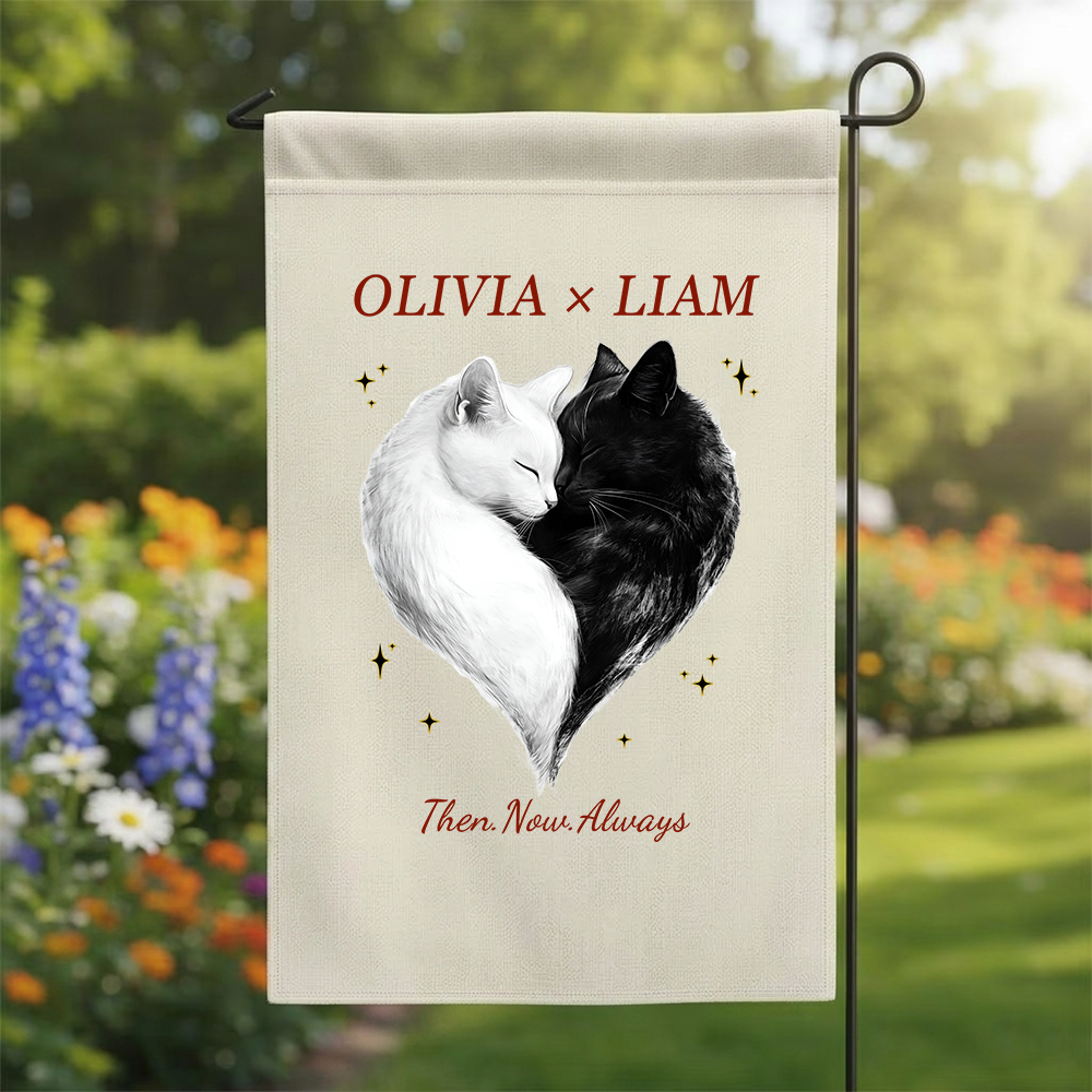Personalized Cat Heart Garden Flag | Custom Couple Names Anniversary Gift | Cute Black and White Cats Yard Decor