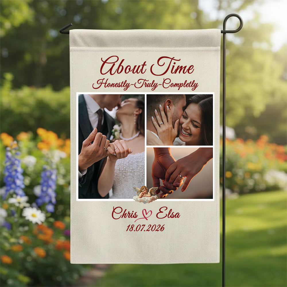 Personalized Photo Collage Wedding Garden Flag | Custom 3-Picture Anniversary Banner | About Time Couple Yard Decor