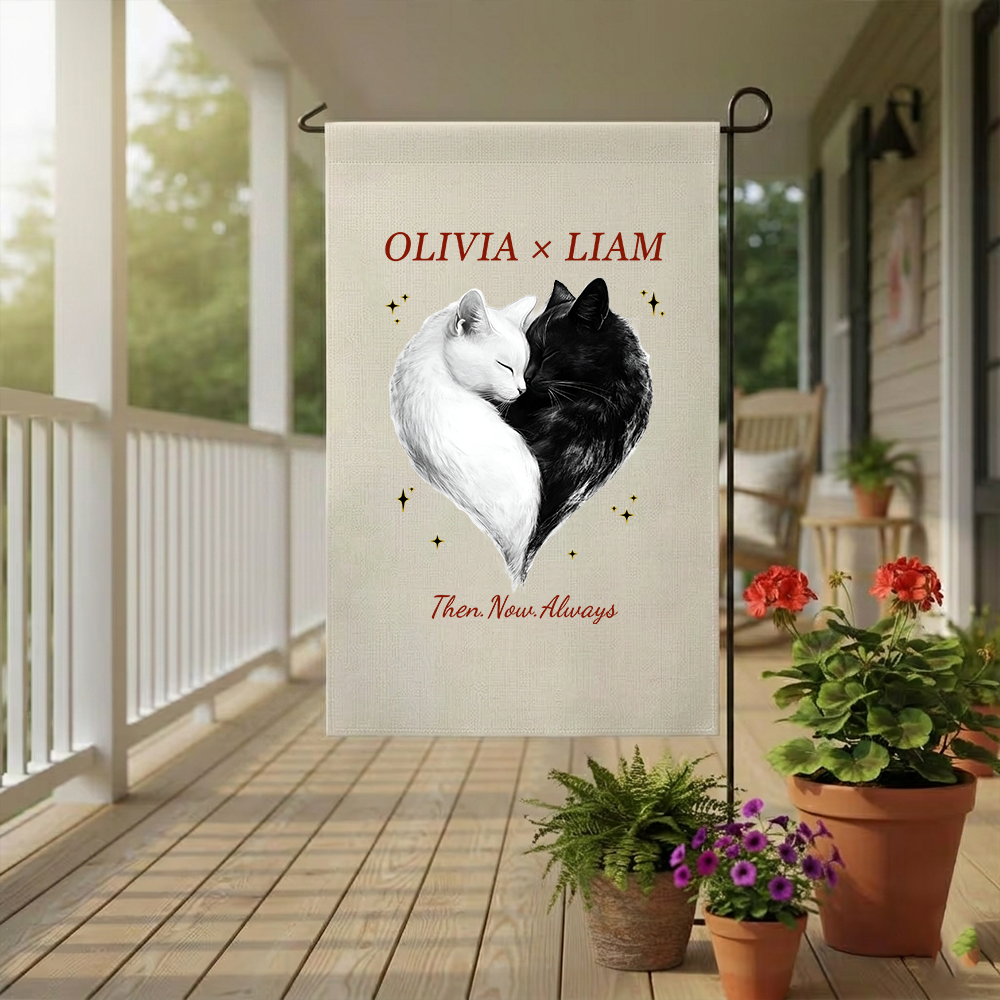 Personalized Cat Heart Garden Flag | Custom Couple Names Anniversary Gift | Cute Black and White Cats Yard Decor