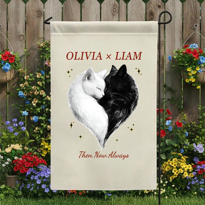 Personalized Cat Heart Garden Flag | Custom Couple Names Anniversary Gift | Cute Black and White Cats Yard Decor