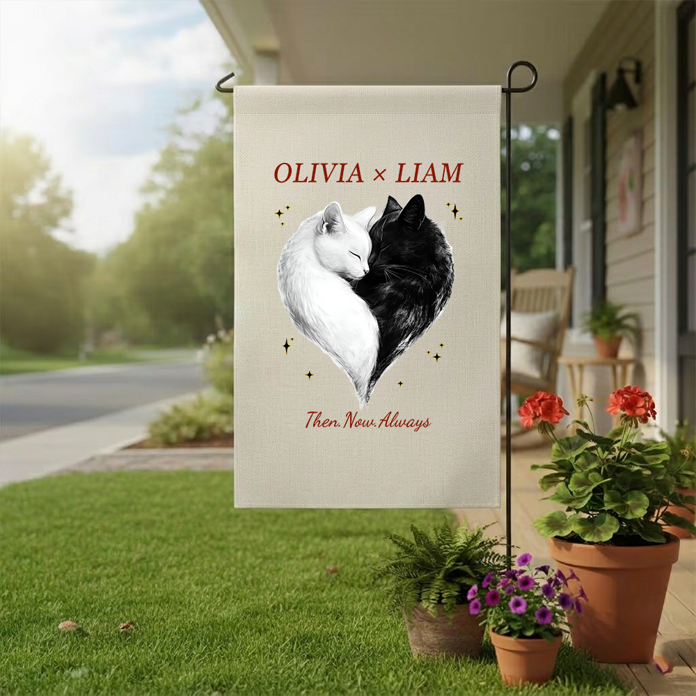 Personalized Cat Heart Garden Flag | Custom Couple Names Anniversary Gift | Cute Black and White Cats Yard Decor
