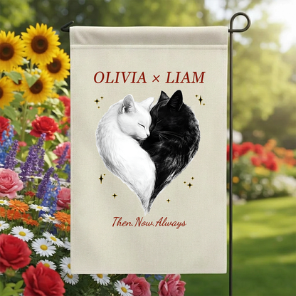 Personalized Cat Heart Garden Flag | Custom Couple Names Anniversary Gift | Cute Black and White Cats Yard Decor