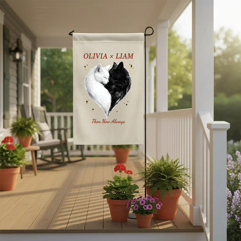 Personalized Cat Heart Garden Flag | Custom Couple Names Anniversary Gift | Cute Black and White Cats Yard Decor
