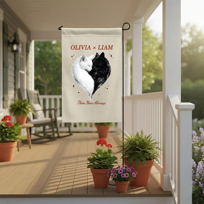 Personalized Cat Heart Garden Flag | Custom Couple Names Anniversary Gift | Cute Black and White Cats Yard Decor