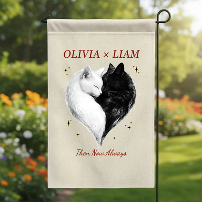 Personalized Cat Heart Garden Flag | Custom Couple Names Anniversary Gift | Cute Black and White Cats Yard Decor