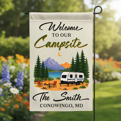 Personalized RV Campsite Flag - Custom Name & Location Garden Decor