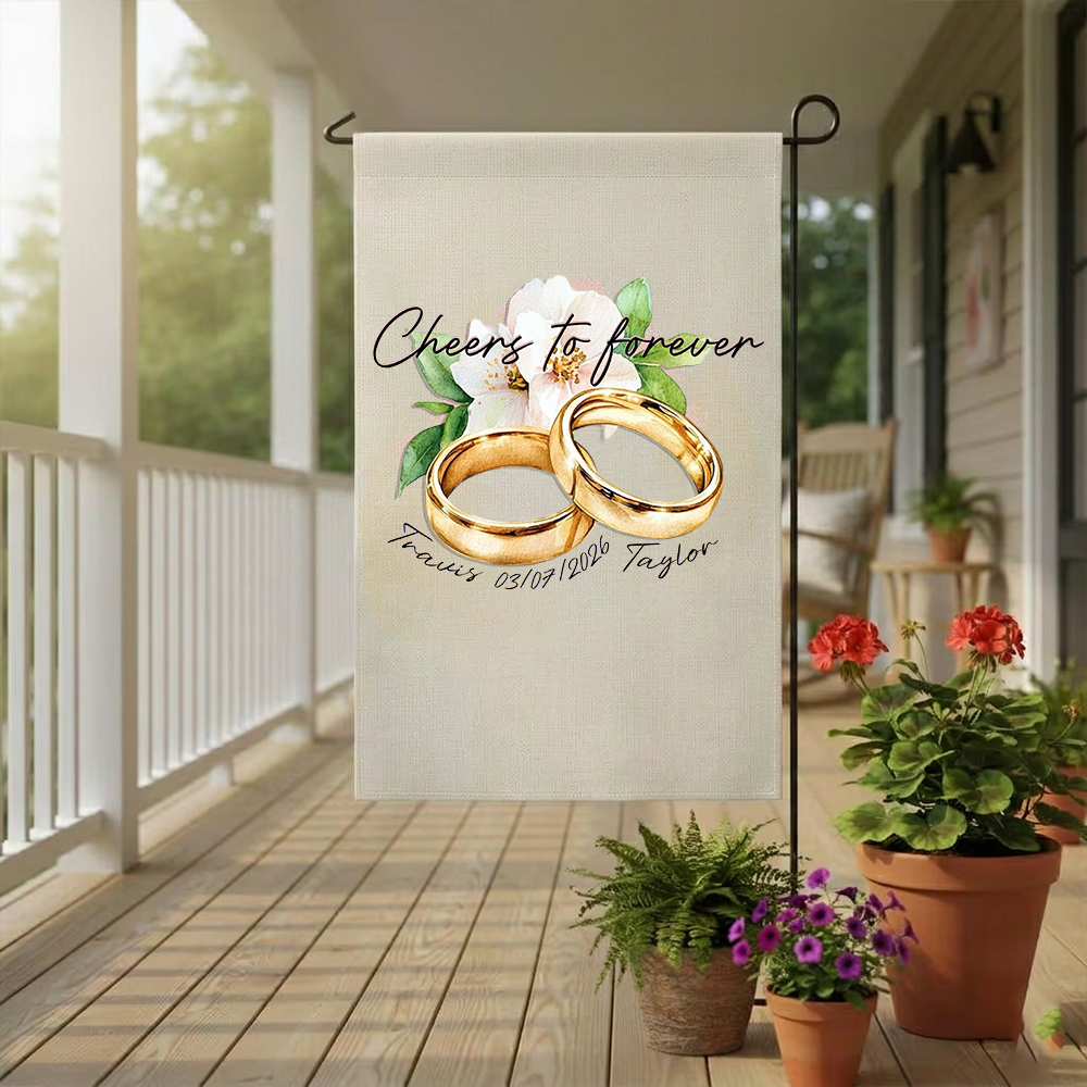 Custom Gold Wedding Rings Garden Flag - Personalized Names & Anniversary Date Floral Outdoor Sign