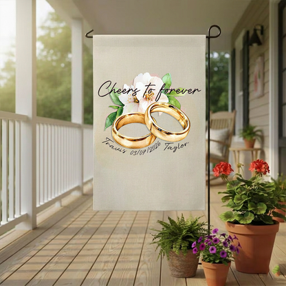 Custom Gold Wedding Rings Garden Flag - Personalized Names & Anniversary Date Floral Outdoor Sign
