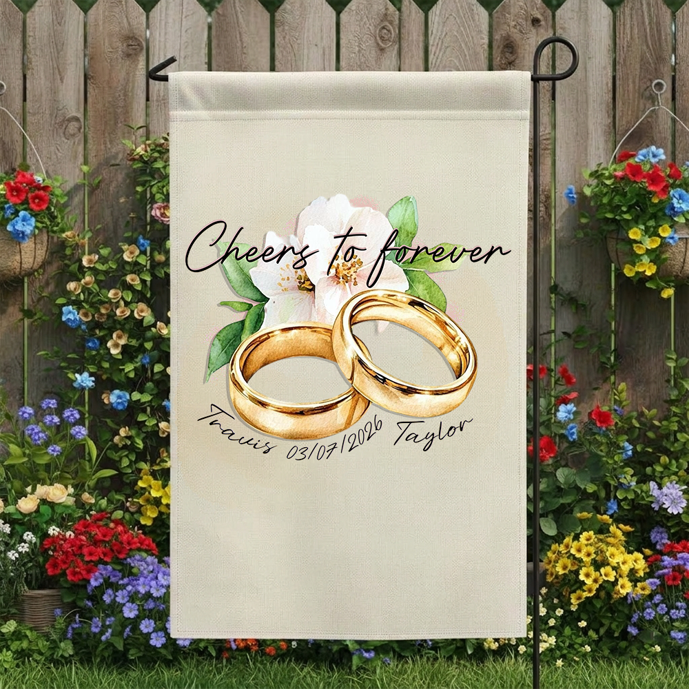 Custom Gold Wedding Rings Garden Flag - Personalized Names & Anniversary Date Floral Outdoor Sign