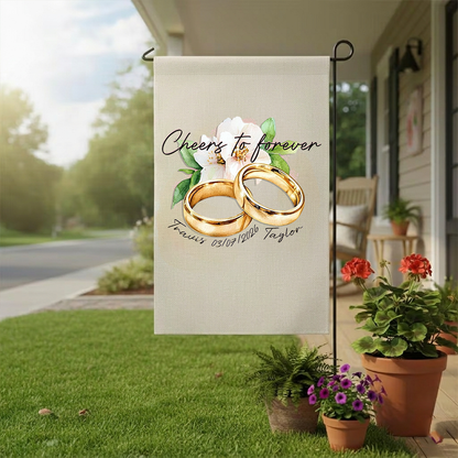Custom Gold Wedding Rings Garden Flag - Personalized Names & Anniversary Date Floral Outdoor Sign