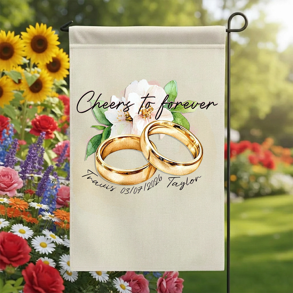Custom Gold Wedding Rings Garden Flag - Personalized Names & Anniversary Date Floral Outdoor Sign