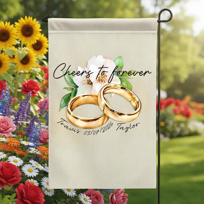 Custom Gold Wedding Rings Garden Flag - Personalized Names & Anniversary Date Floral Outdoor Sign