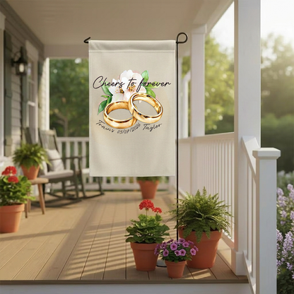 Custom Gold Wedding Rings Garden Flag - Personalized Names & Anniversary Date Floral Outdoor Sign