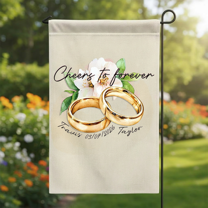 Custom Gold Wedding Rings Garden Flag - Personalized Names & Anniversary Date Floral Outdoor Sign