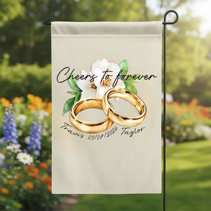 Custom Gold Wedding Rings Garden Flag - Personalized Names & Anniversary Date Floral Outdoor Sign