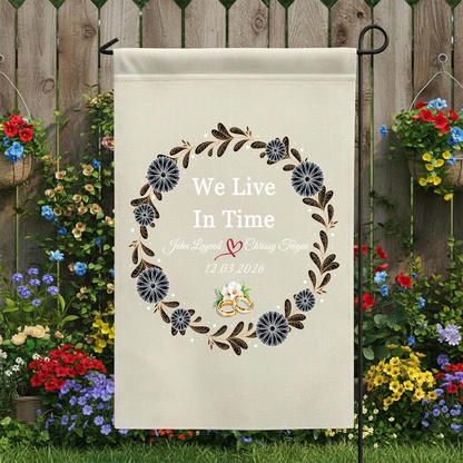 Personalized "We Live In Time" Wedding Garden Flag | Custom Floral Wreath Anniversary Banner | Couple Names & Date Yard Sign