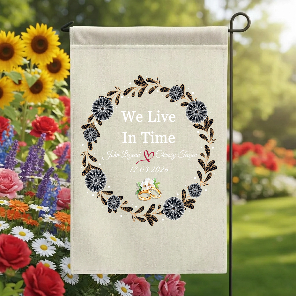 Personalized "We Live In Time" Wedding Garden Flag | Custom Floral Wreath Anniversary Banner | Couple Names & Date Yard Sign
