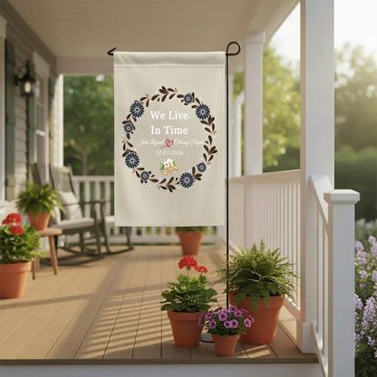 Personalized "We Live In Time" Wedding Garden Flag | Custom Floral Wreath Anniversary Banner | Couple Names & Date Yard Sign
