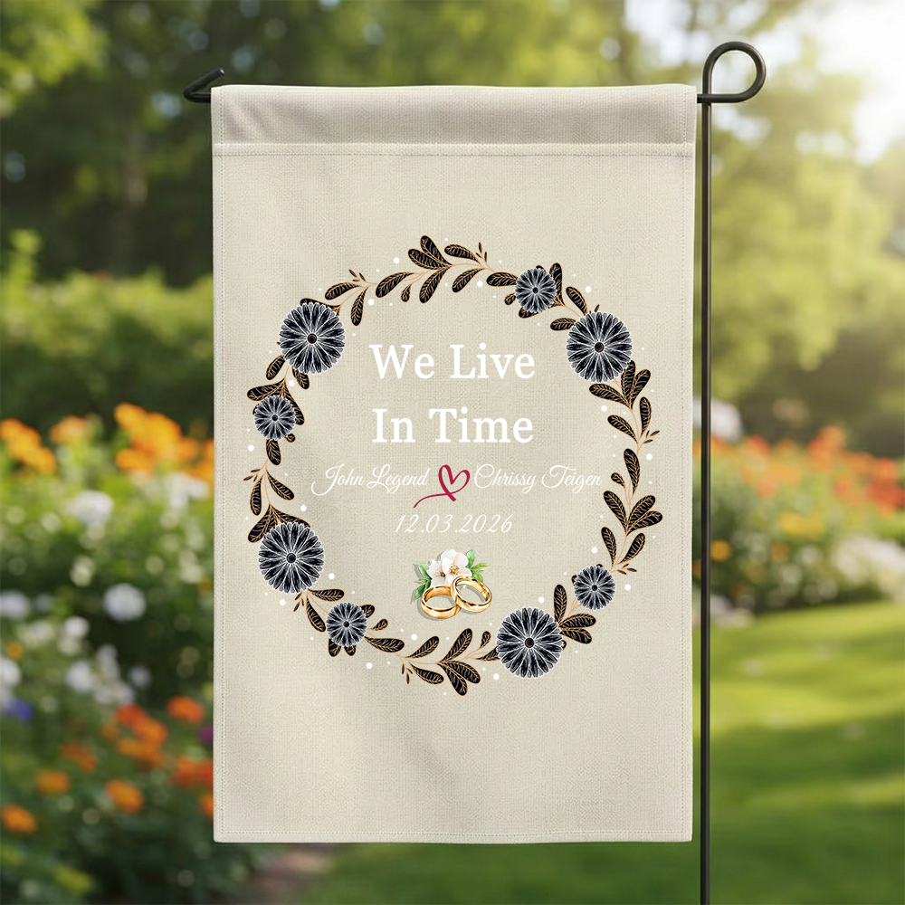 Personalized "We Live In Time" Wedding Garden Flag | Custom Floral Wreath Anniversary Banner | Couple Names & Date Yard Sign