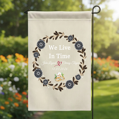 Personalized "We Live In Time" Wedding Garden Flag | Custom Floral Wreath Anniversary Banner | Couple Names & Date Yard Sign