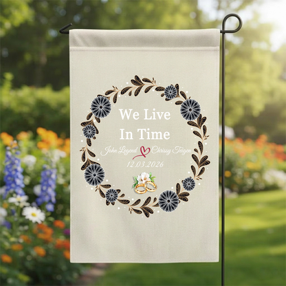 Personalized "We Live In Time" Wedding Garden Flag | Custom Floral Wreath Anniversary Banner | Couple Names & Date Yard Sign