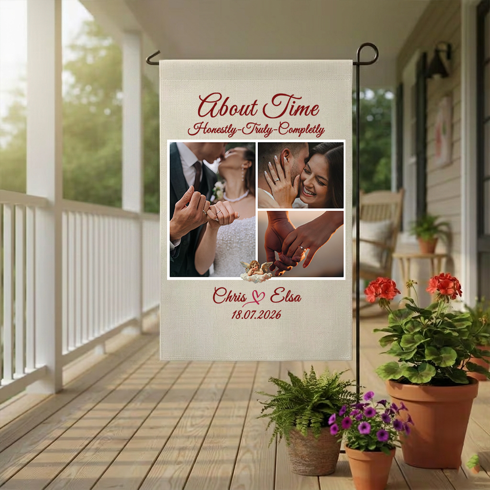 Personalized Photo Collage Wedding Garden Flag | Custom 3-Picture Anniversary Banner | About Time Couple Yard Decor
