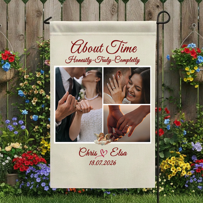 Personalized Photo Collage Wedding Garden Flag | Custom 3-Picture Anniversary Banner | About Time Couple Yard Decor