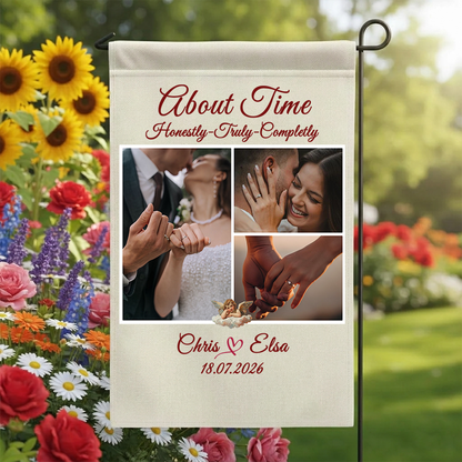 Personalized Photo Collage Wedding Garden Flag | Custom 3-Picture Anniversary Banner | About Time Couple Yard Decor