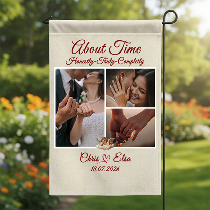 Personalized Photo Collage Wedding Garden Flag | Custom 3-Picture Anniversary Banner | About Time Couple Yard Decor